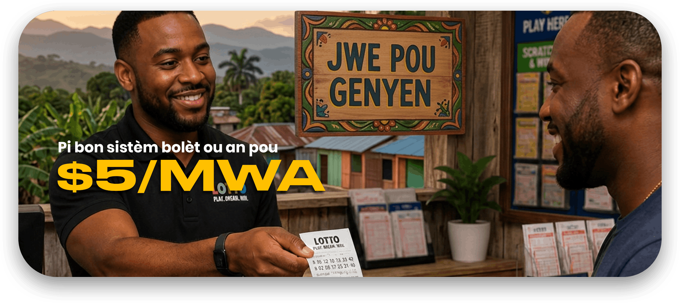 Agent GAAS remettant un ticket de loterie à un client — Pi bon sistèm bolèt ou an pou $5/mwa